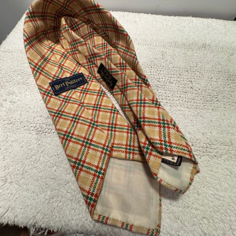 Vintage Bert Pulitzer Tie Orange Green Plaid Wool Linen Heritage Ivy League